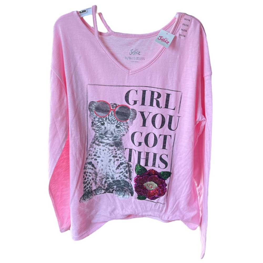 Justice Girl's Slit Neck Embellished Tee 14/16, Tea Rose